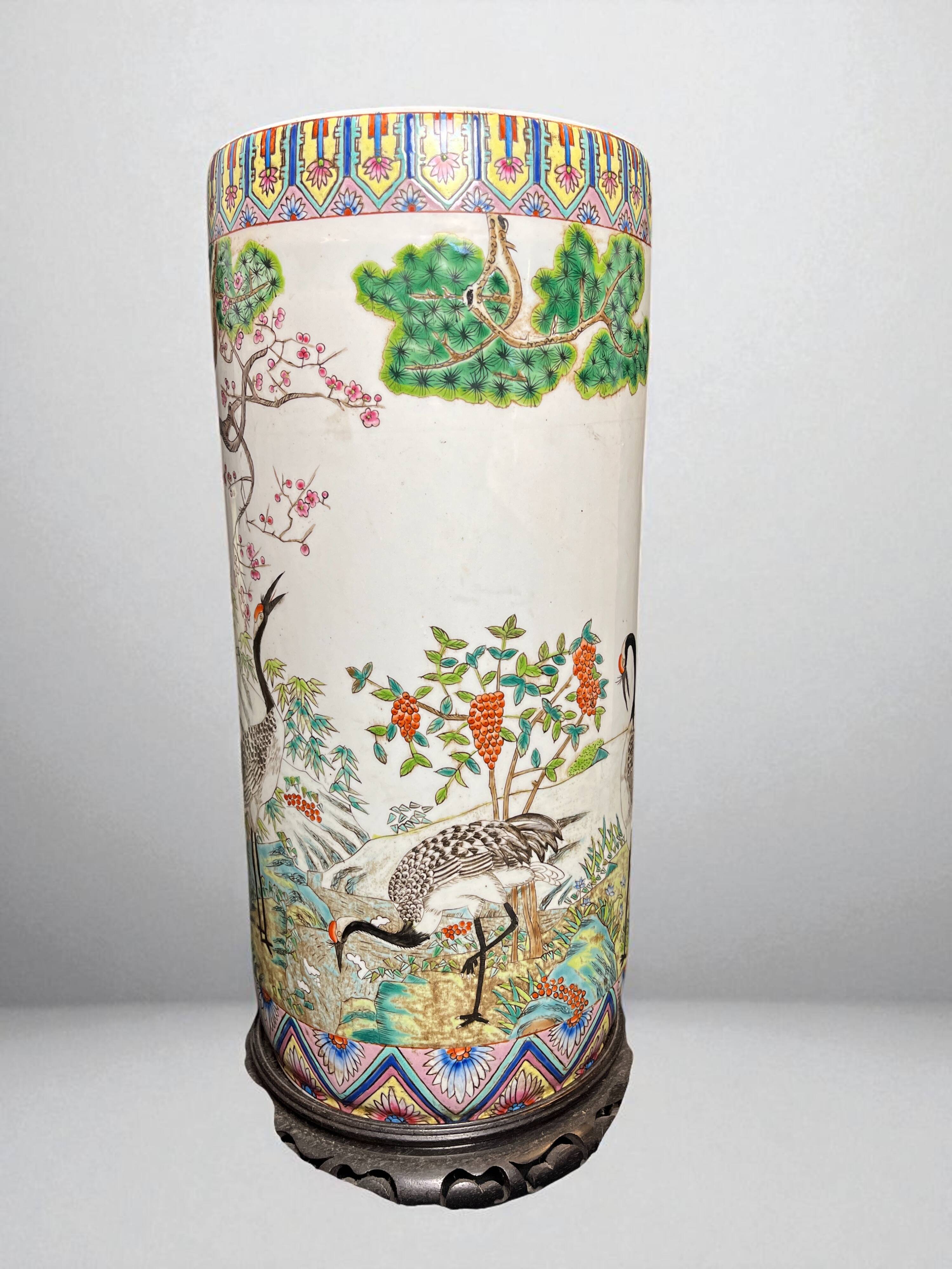 China, Important porcelain scroll vase decorated with cranes and flora, 19th century