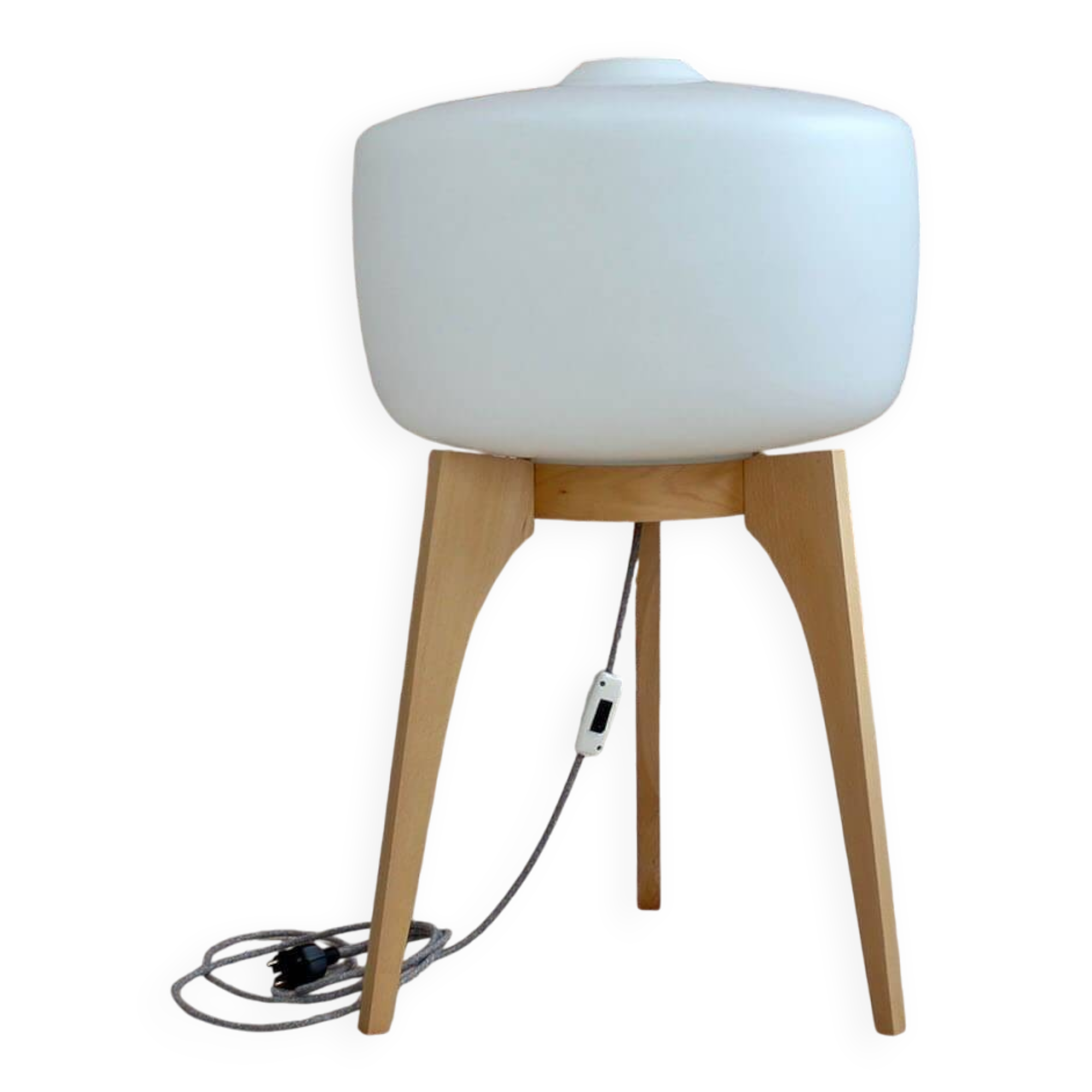 Floor Lamp, White Glass Lampshade, Wooden Base, Space Age, Midcentury