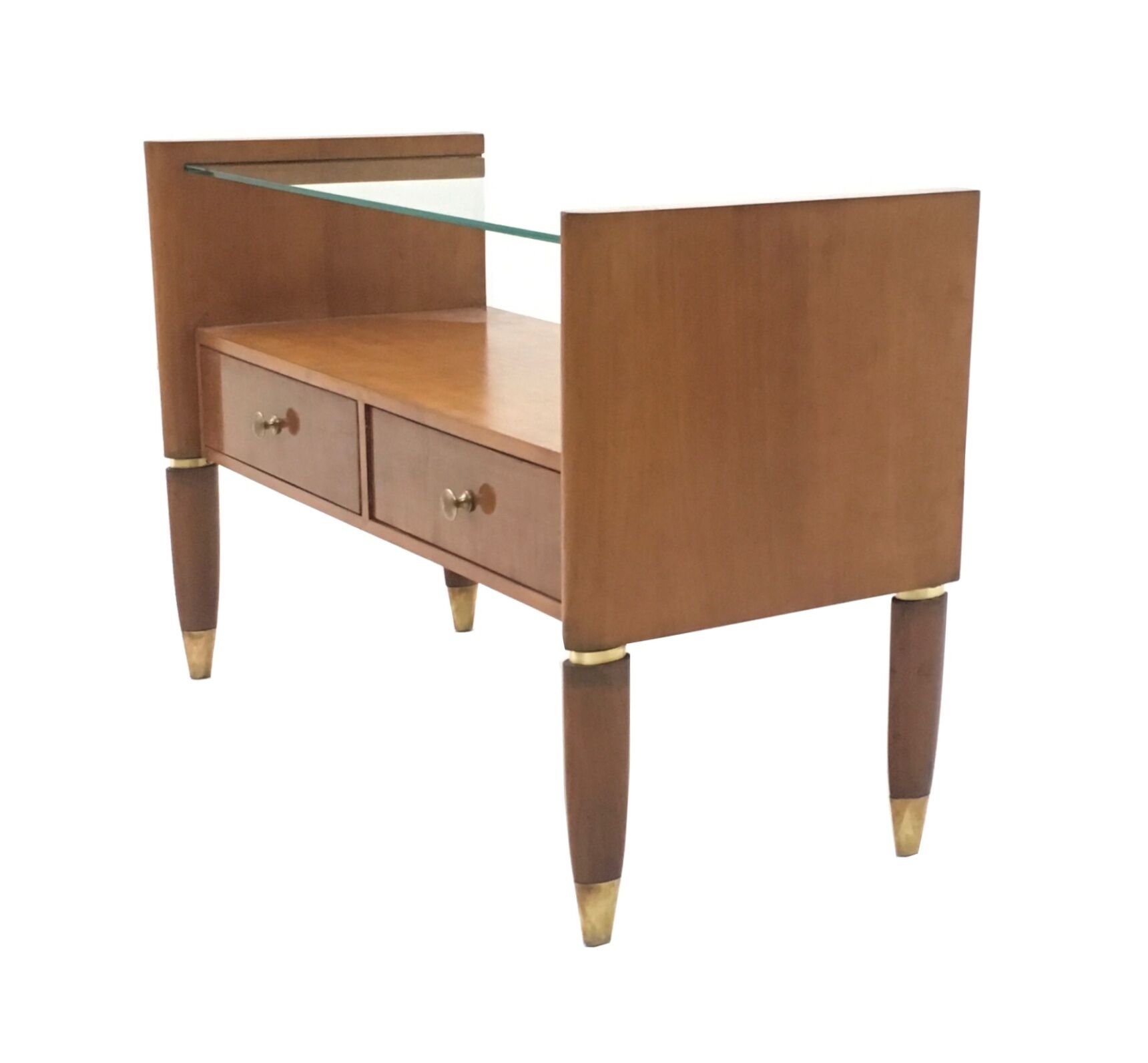 Vintage walnut nightstand with a glass top and brass details, Italy