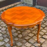 Louis VX imperial round coffee table in solid caned wood and marquetry