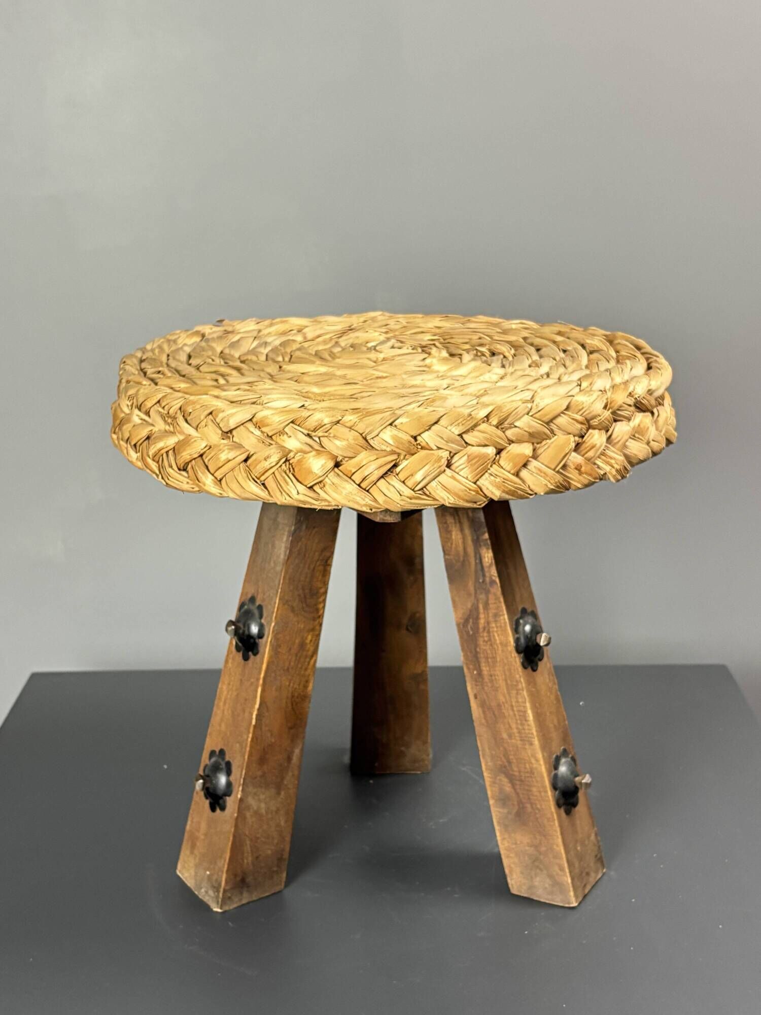 Midcentury braided rope tripod stool in the style of Audoux & Minet, 1950s