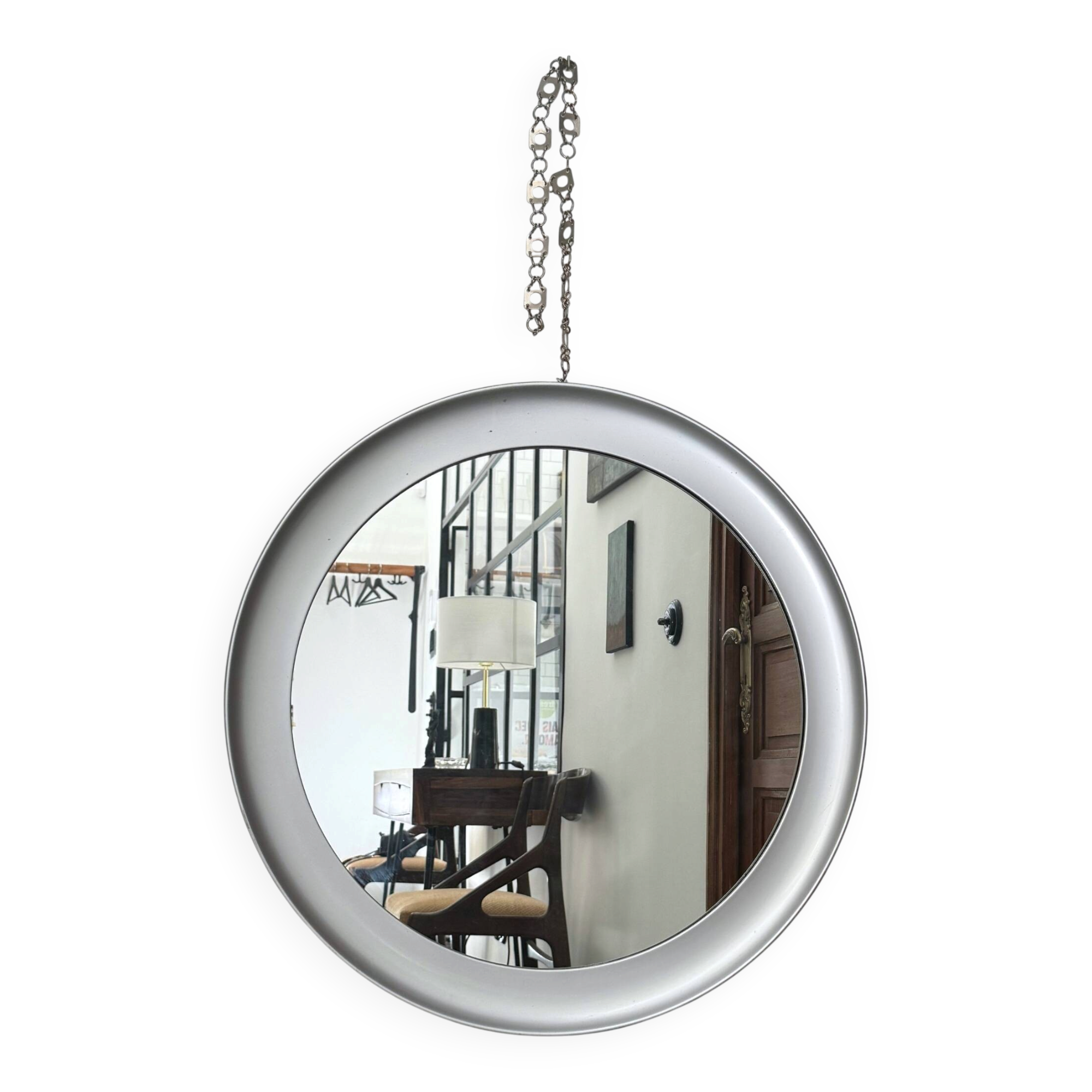 Large round brushed metal mirror by Sergio Mazza for Artemide, 1960s-70s.