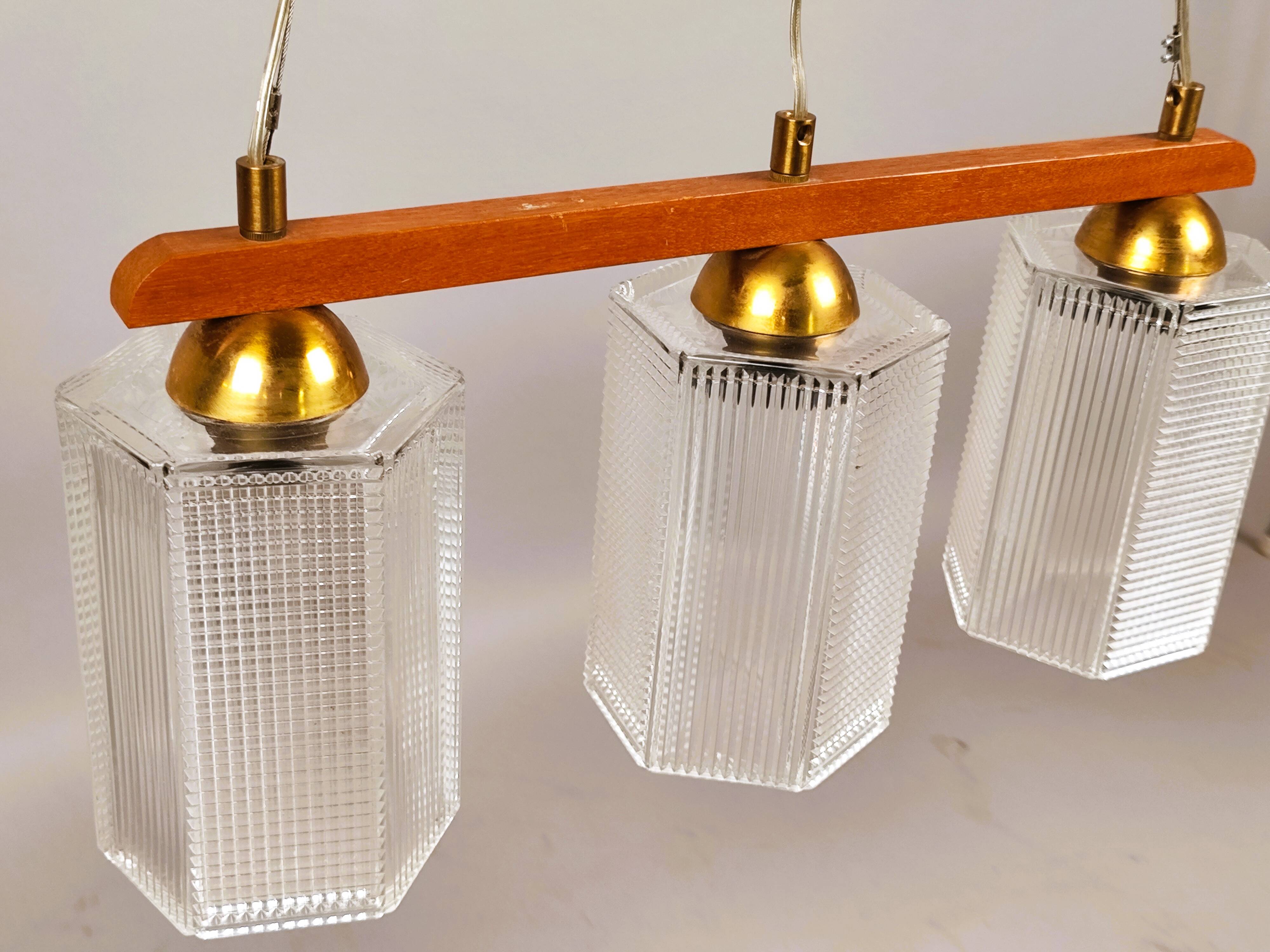 Teak, brass and glass pendant light, Denmark, 1970s