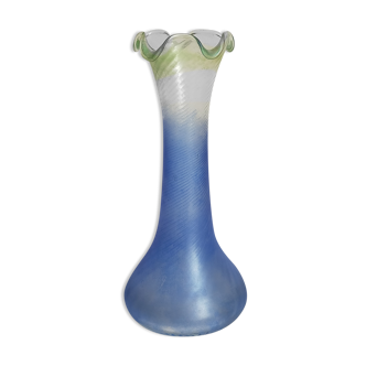 Vase en verre soufflé effet givré bleu et vert vintage