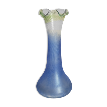 Vase en verre soufflé effet givré bleu et vert vintage