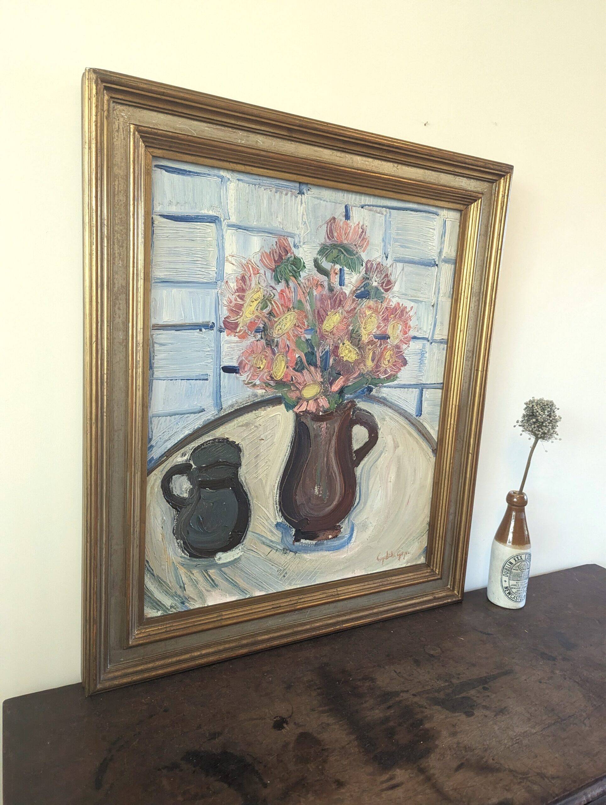 Mid-Century Modern Swedish "Pink Flowers" Vintage Still Life Oil Painting, Framed