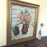 Mid-Century Modern Swedish "Pink Flowers" Vintage Still Life Oil Painting, Framed