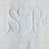 Checked & monogram half-linen tablecloth
