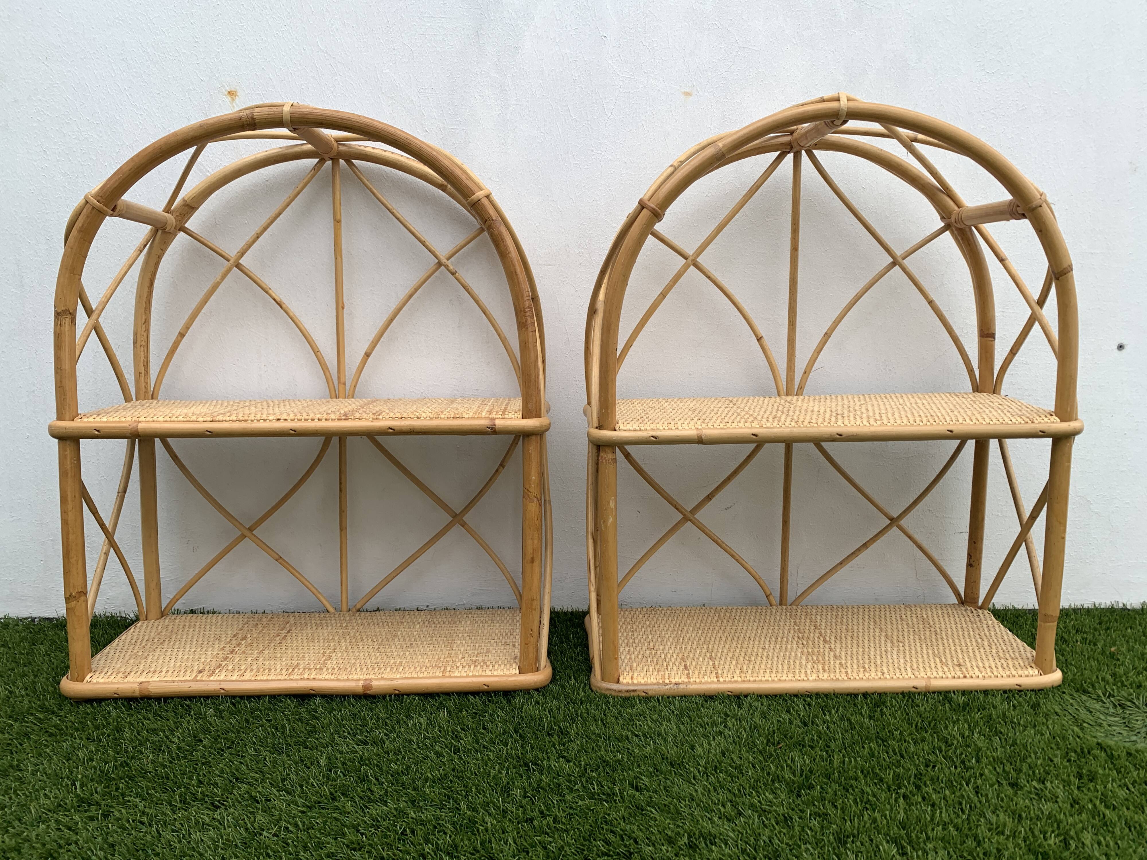 Pair of rattan and bamboo shelves or wall-bookcases, 1970