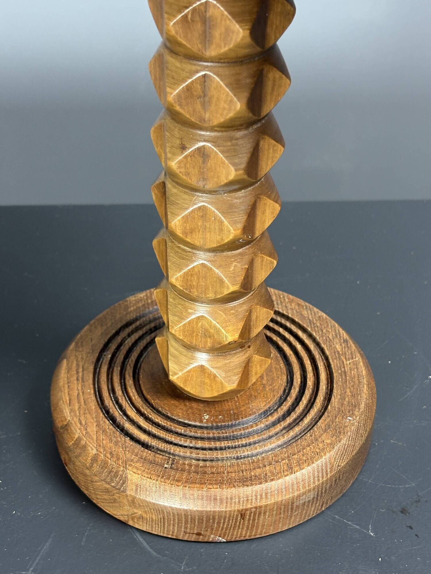 Mid-Century modern brutalist wood turned table lamp Charles Dudouyt style