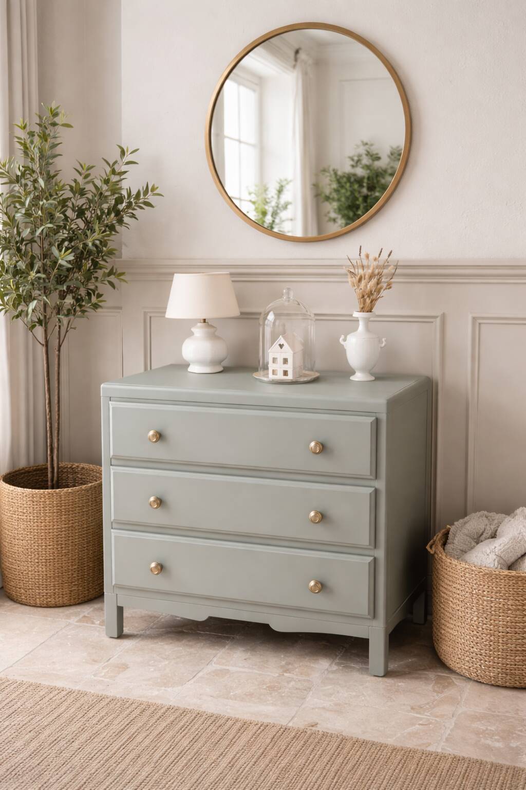 Vintage commode enhanced in grey-green.
