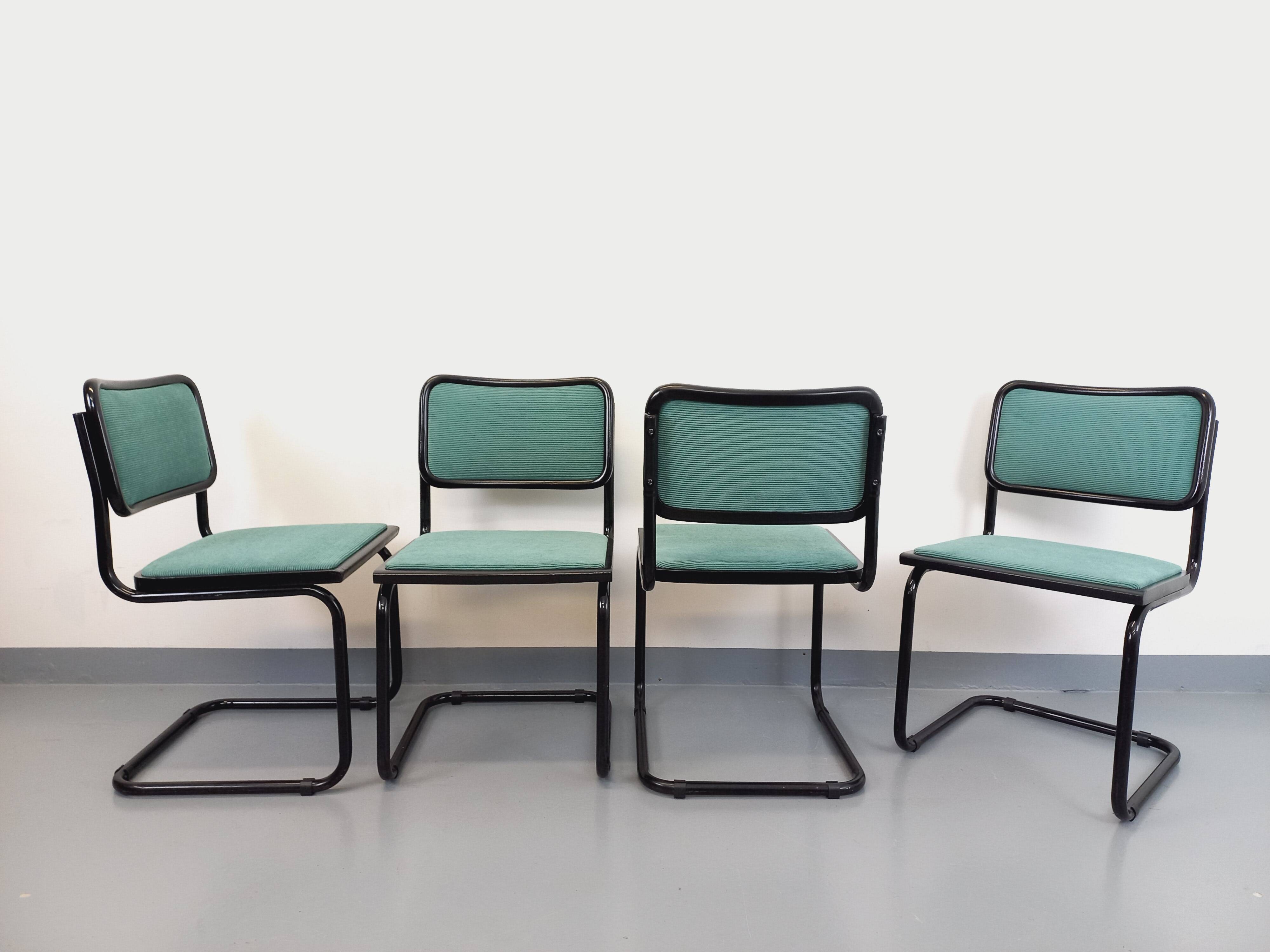 Set of 4 vintage Marcel Breuer Cesca B32 Bauhaus style chairs in black metal, black wood and v fabric