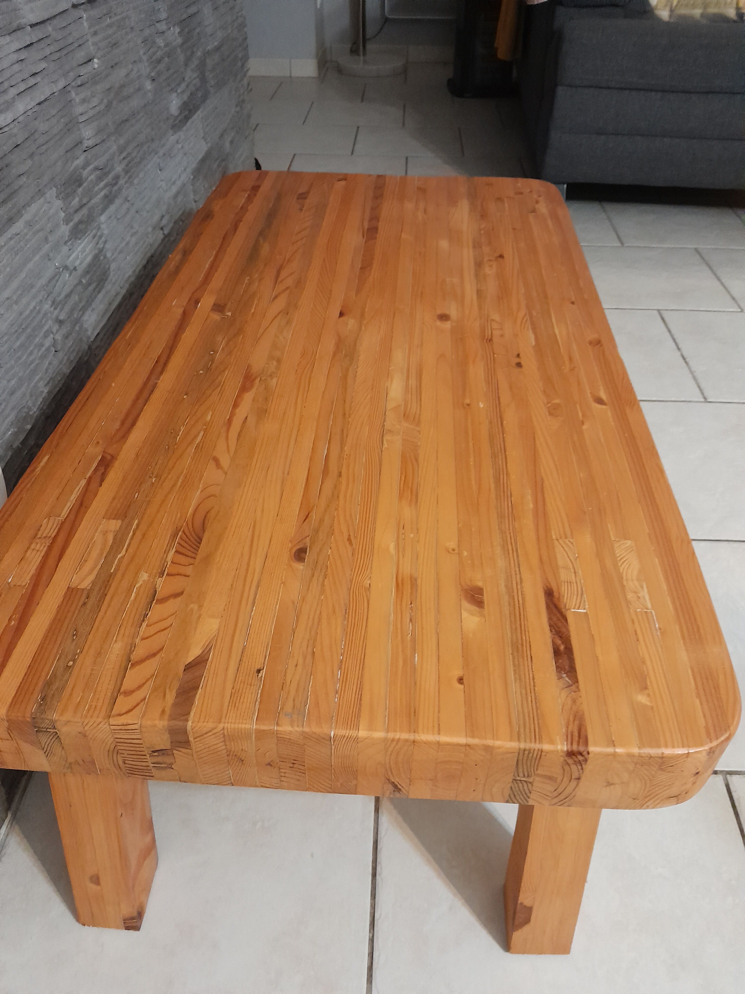 Table basse pin pieds compas vintage années 70-80