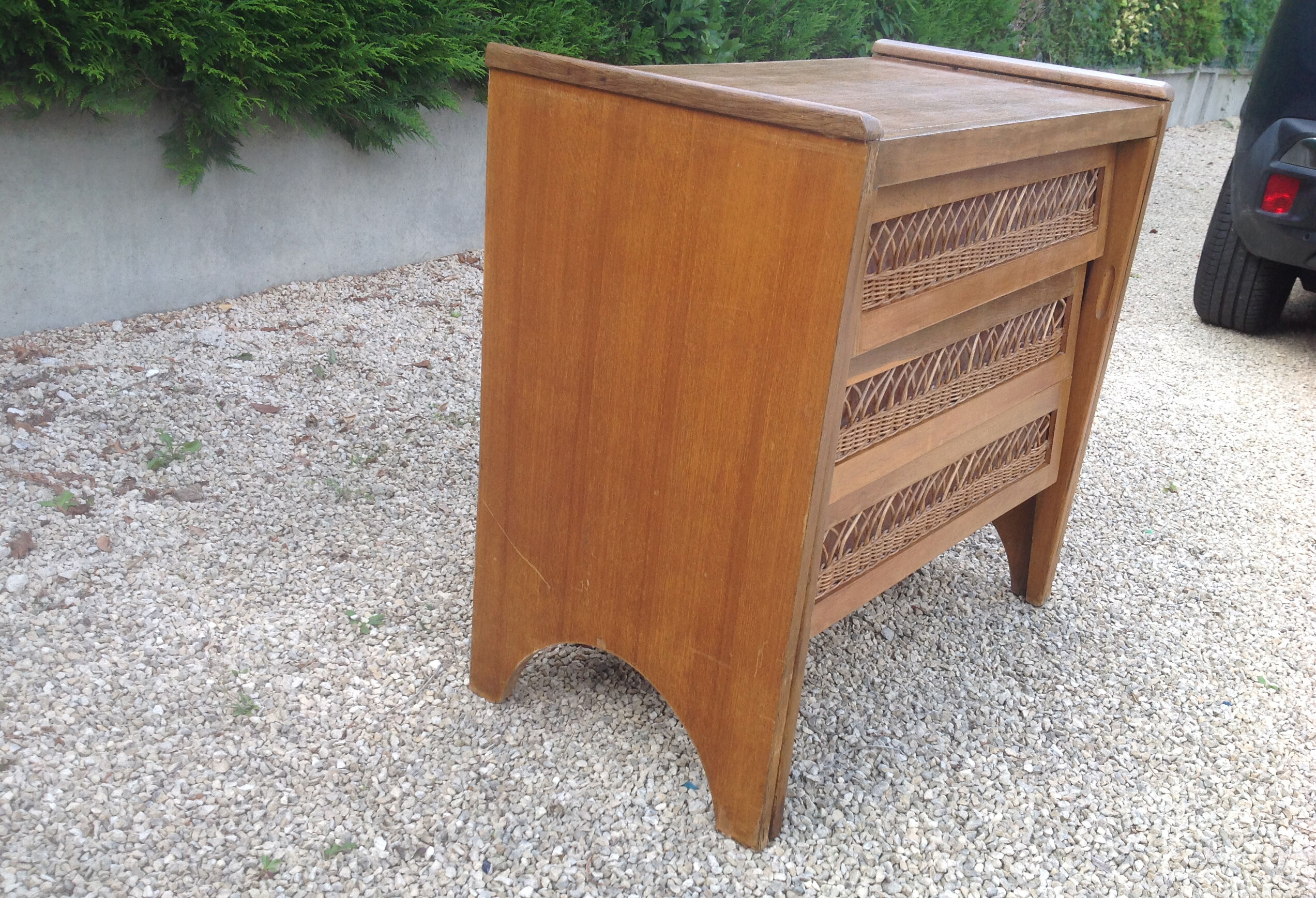 Vintage oak and rattan chest of drawers