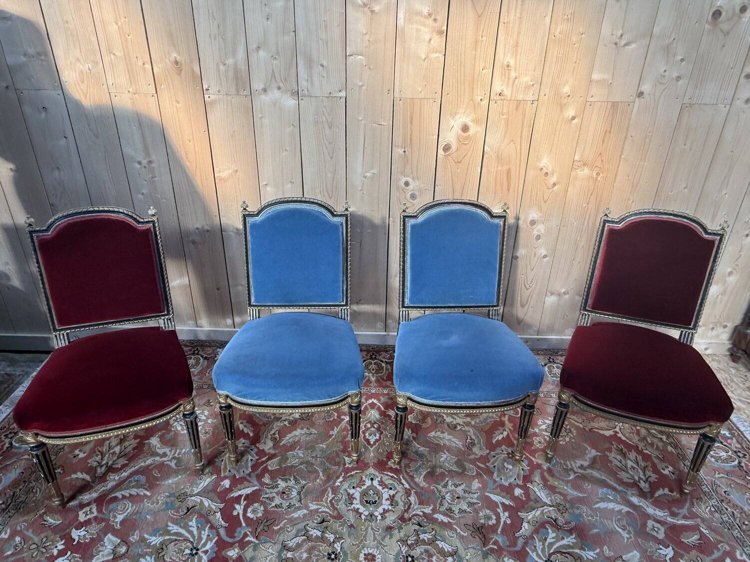 Set of 4 Napoleon III chairs in black and gold.