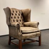 Xixth century  english georgian cigar leather wingback library chairs