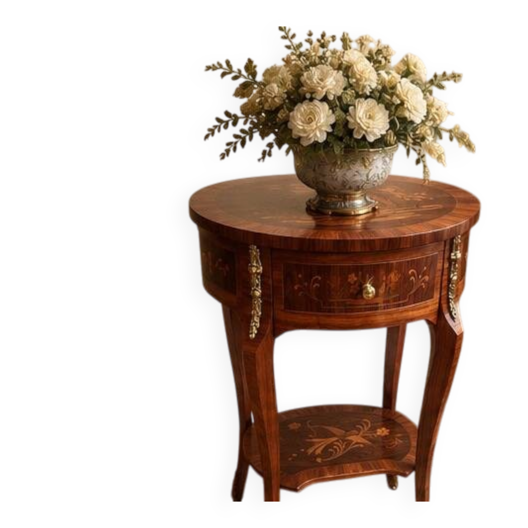 Vintage side table inlaid with Asian motifs and gilded bronze.