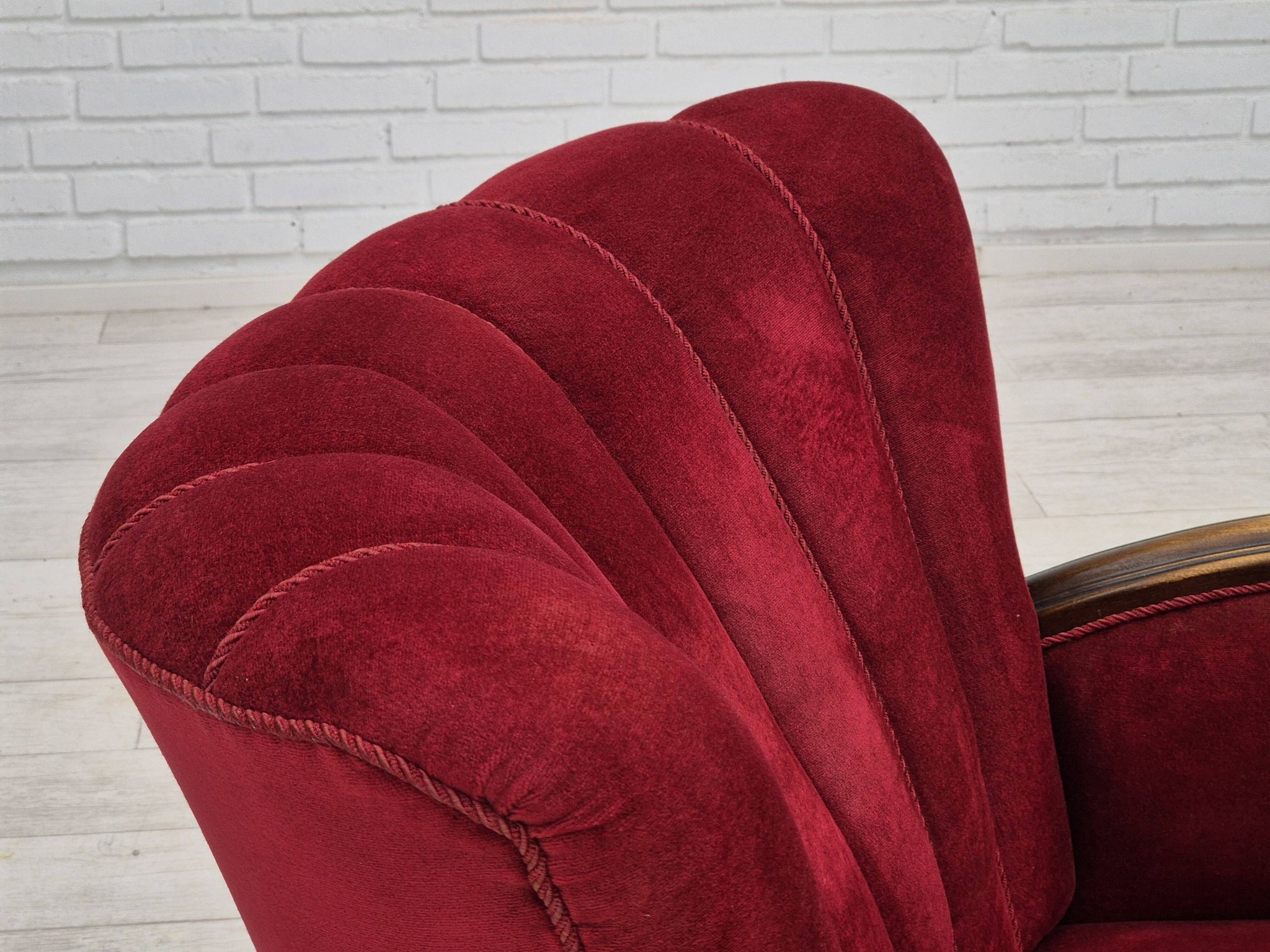1950s, Danish armchair with footstool, furniture velour, ash wood.