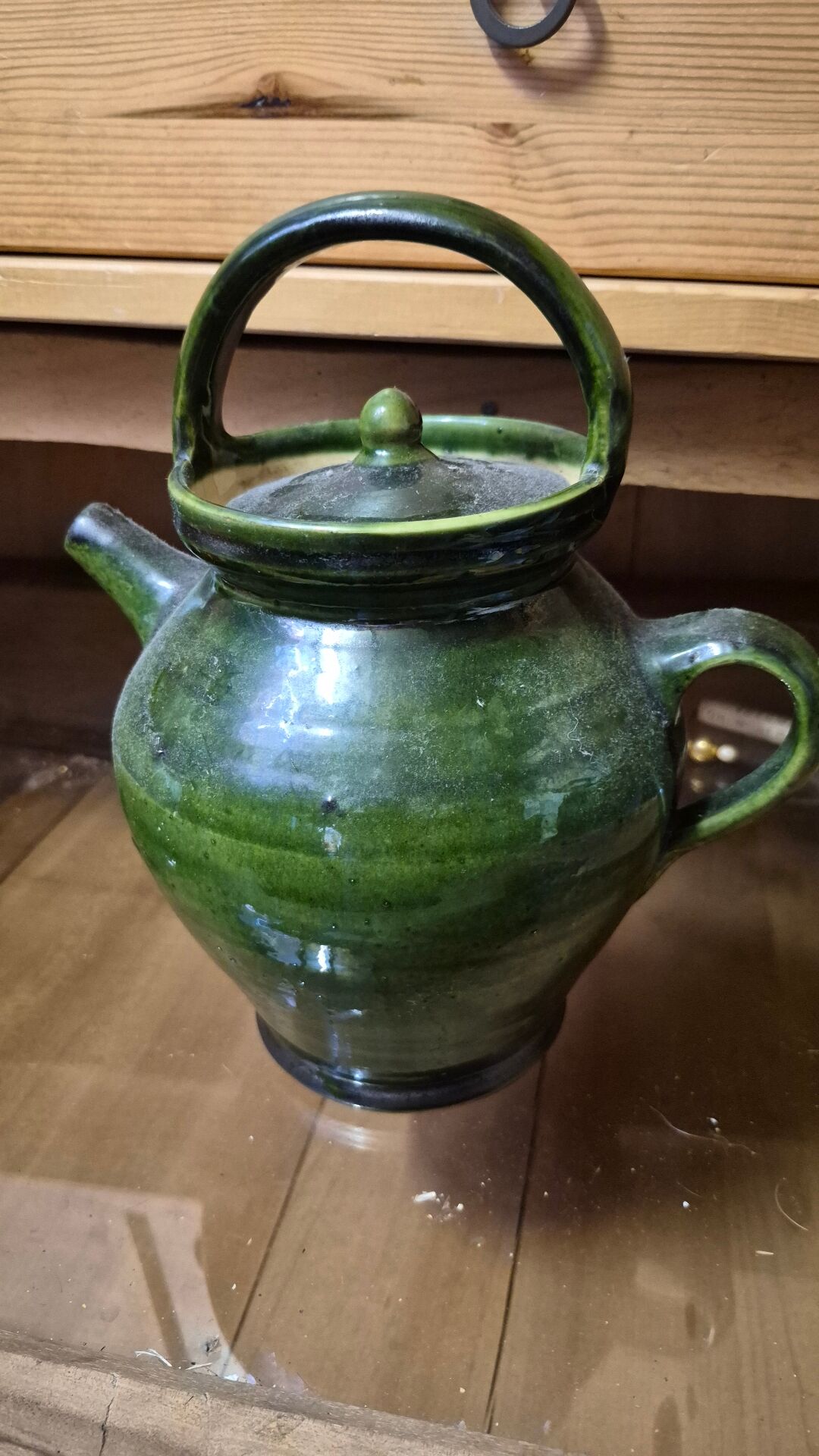 Old green glazed earthenware goat, pottery from Savoie, Broc Verseu.