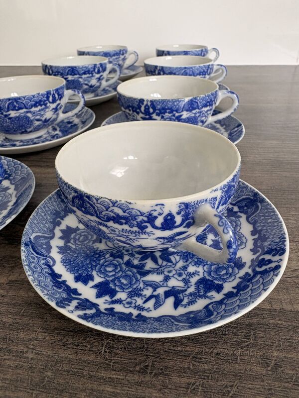 Service 8 tasses et sous-tasses en porcelaine Bleue de Chine