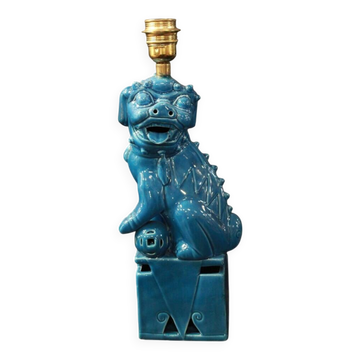 Lampe de table Foo Dog Vintage, céramique turquoise