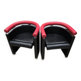 Pair of 80s designer leather and chrome metal armchairs