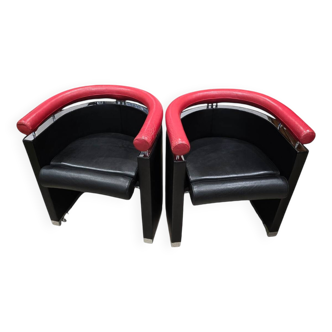 Pair of 80s designer leather and chrome metal armchairs