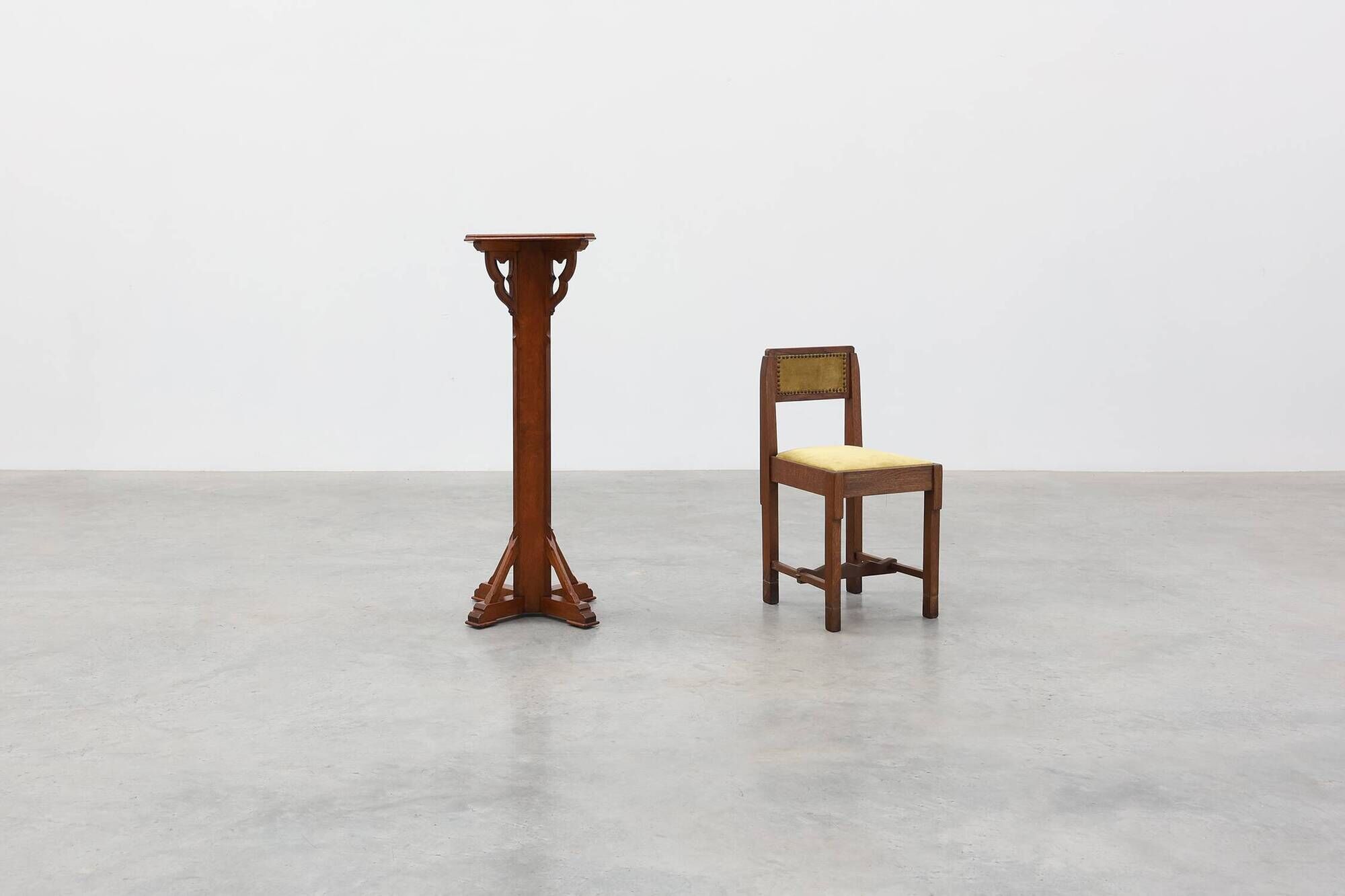 Art Deco oak pedestal with pierced brackets and cross base, Belgium 1920s
