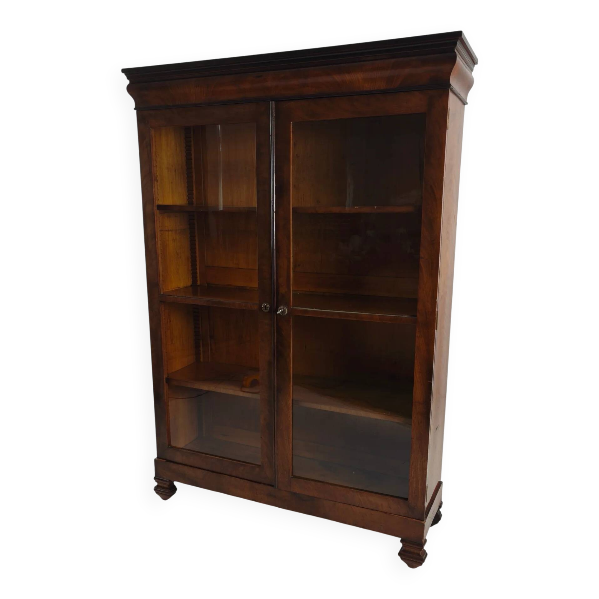 Magnifique bibliothèque Biedermeier du XIXe siècle – noyer, verre ancien d'origine