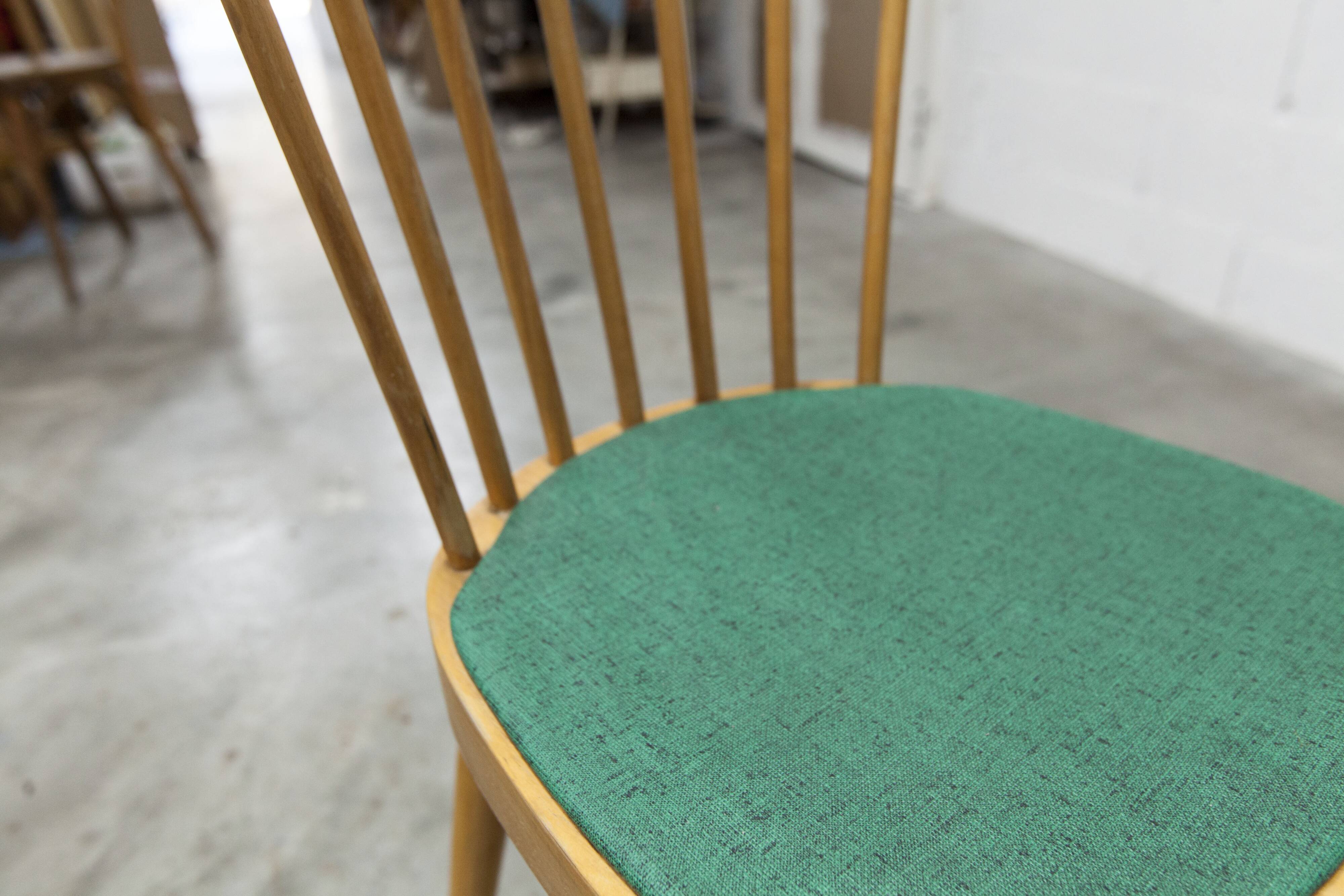 Baumann desk and chair, 1960s, Formica, wood and black, green seat