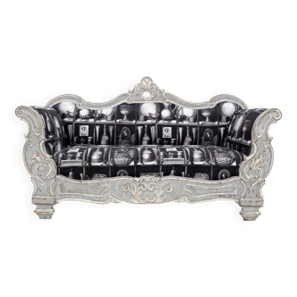 Charles X Style Italian Sofa with Fornasetti Linen Fabric