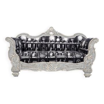 Charles X Style Italian Sofa with Fornasetti Linen Fabric
