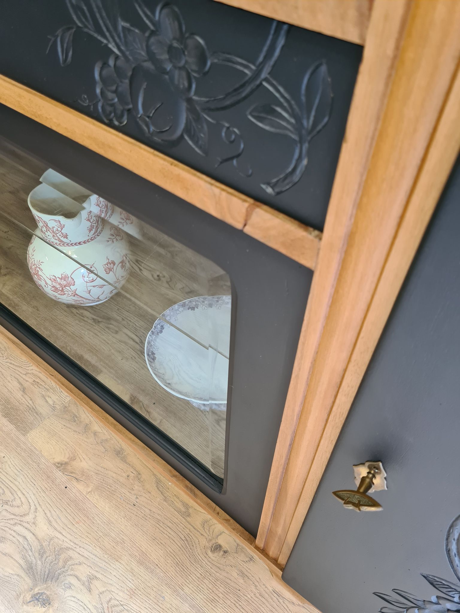 Renovated art deco walnut sideboard with beveled glass door and marble tops