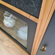 Renovated art deco walnut sideboard with beveled glass door and marble tops