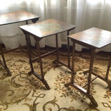 Set of 3 art nouveau wooden nesting tables with floral decoration
