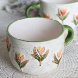 Vintage barbotine cups/mugs - Tulip pattern - Orange and green tones