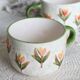 Tasses / mugs barbotine vintage - Motif tulipe - Tons orange et vert