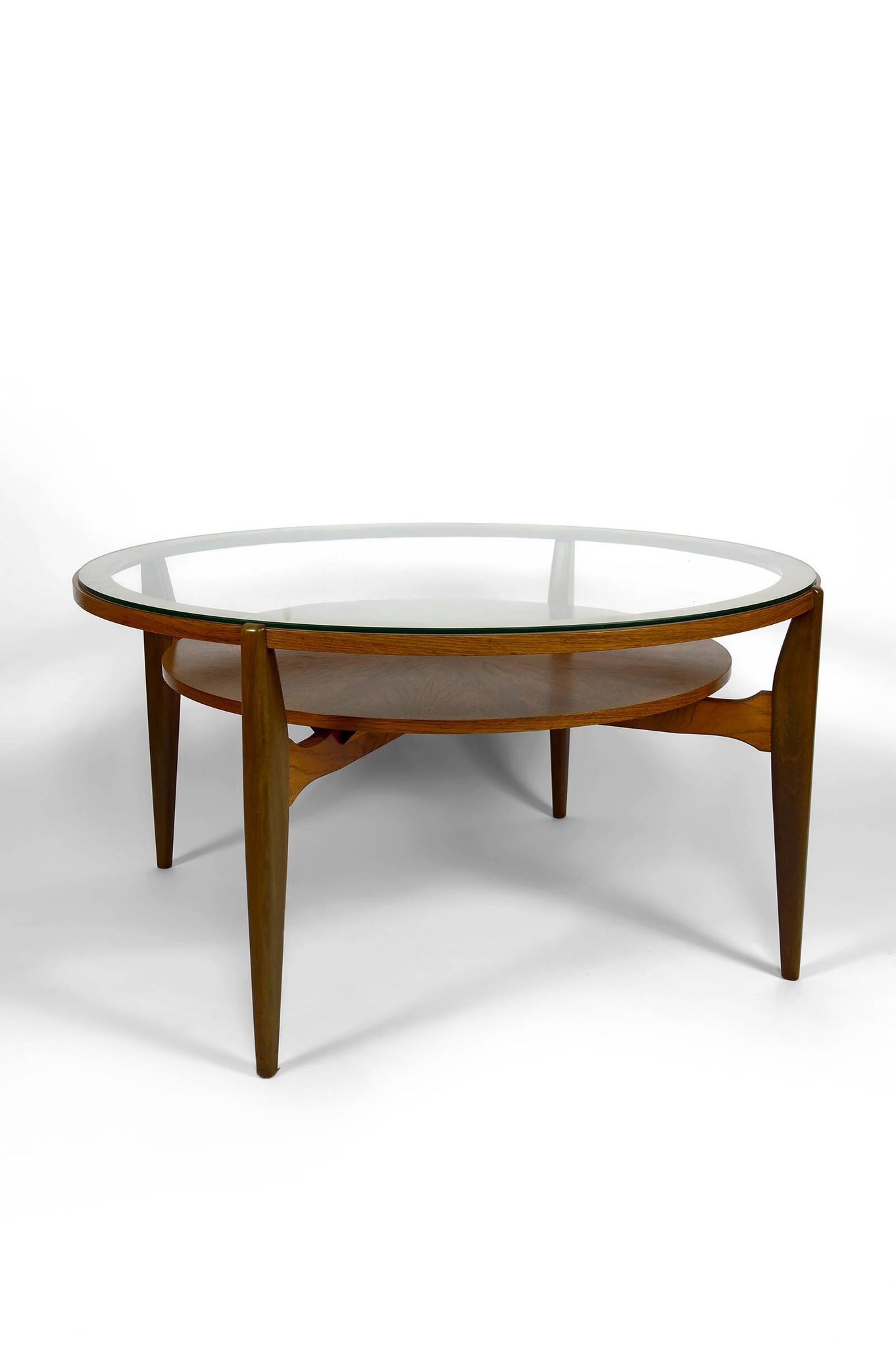Important modern Scandinavian style coffee table, walnut / glass – c. 1960
