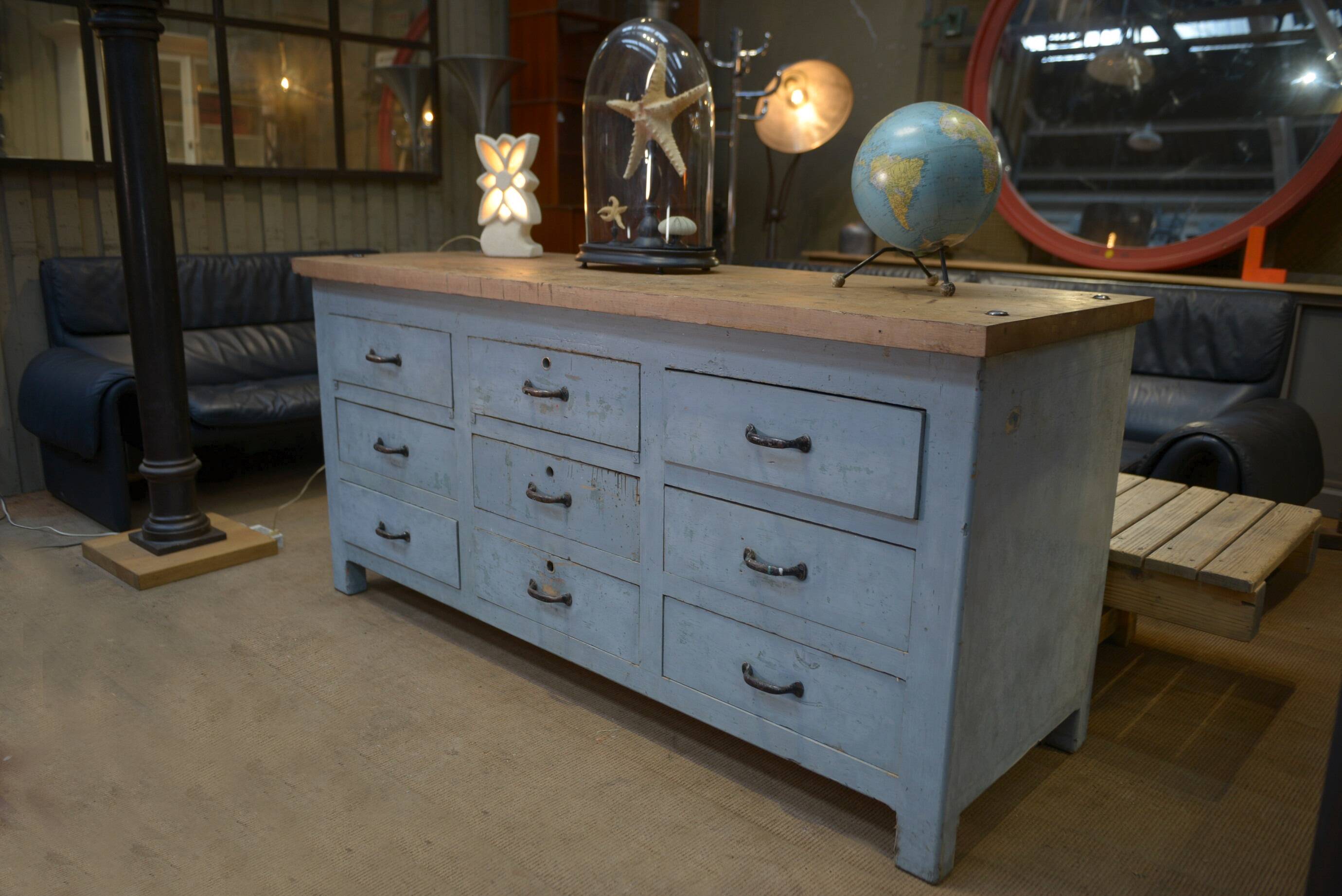 Original 1950s gray patinated 9-drawer craft cabinet