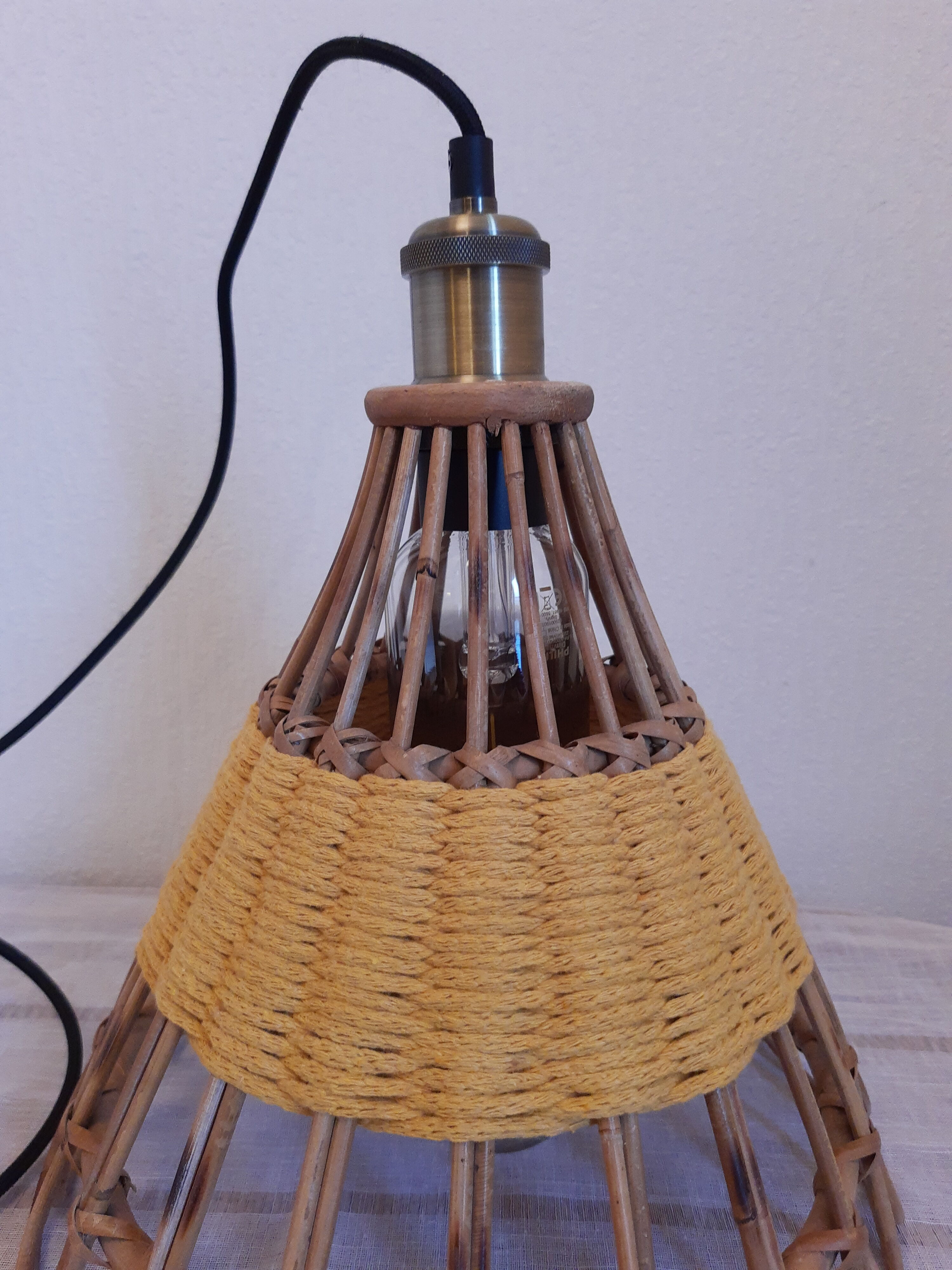 Vintage suspension rattan upcycled macramé mustard yellow