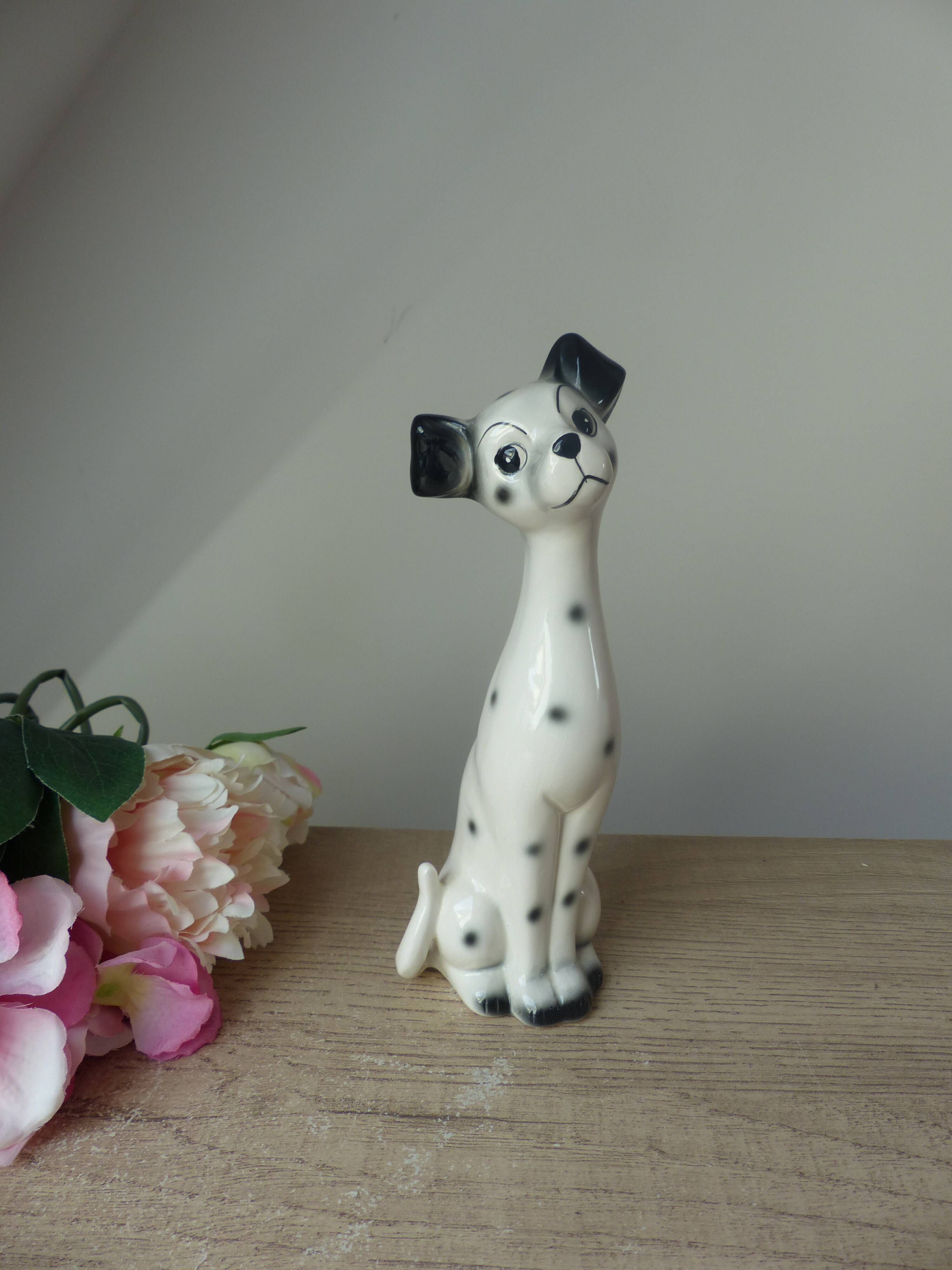 Romantic ceramic Dalmatian dog statuette, vintage decorative dog from the 1970s