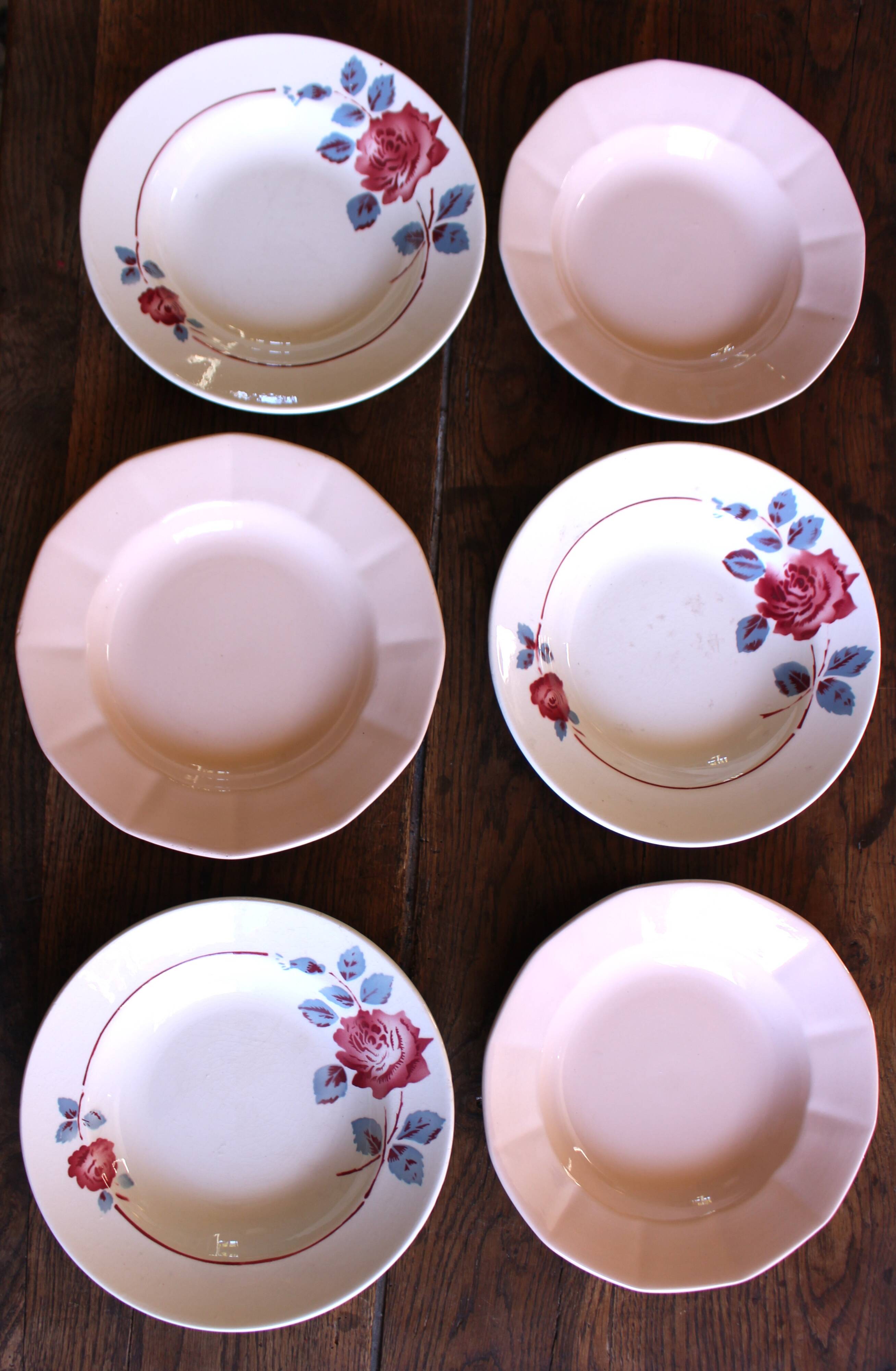 6 mismatched pink deep plates Digoin Badonviller Art Deco