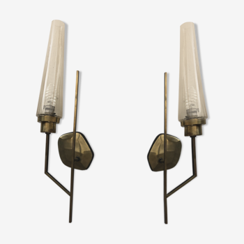 Pair brass bakelite glass sconces