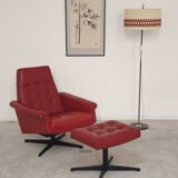 Red Faux Leather Swivel Chair and Footrest by Up Zavody 1970