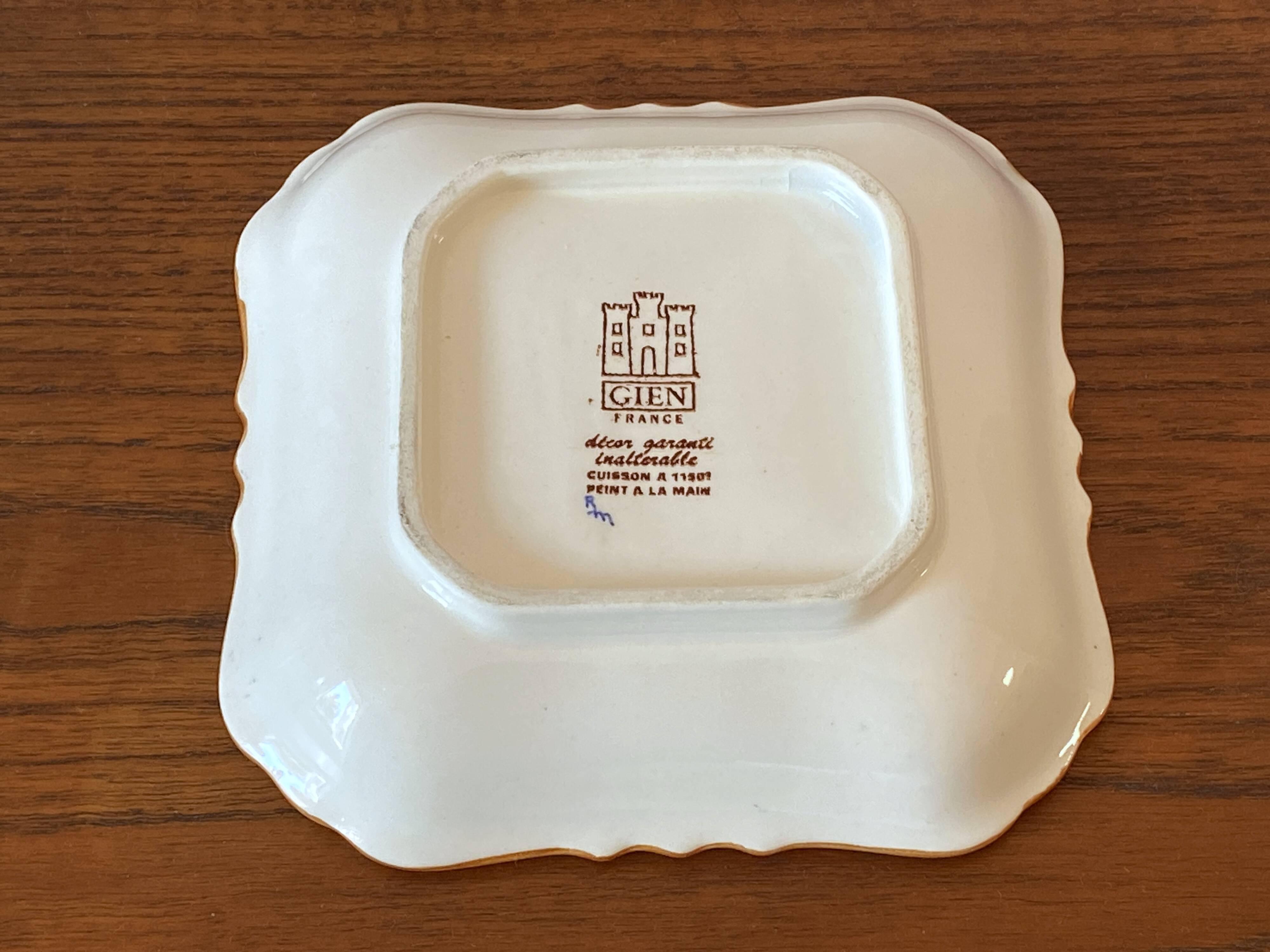 Small square Gien earthenware dish/trinket tray with peony decoration