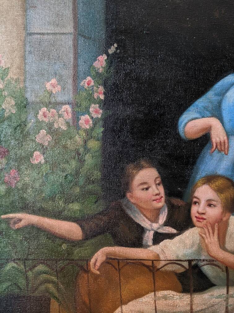 Oil painting on canvas, scene of life, black wooden frame, country decoration