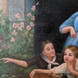 Oil painting on canvas, scene of life, black wooden frame, country decoration