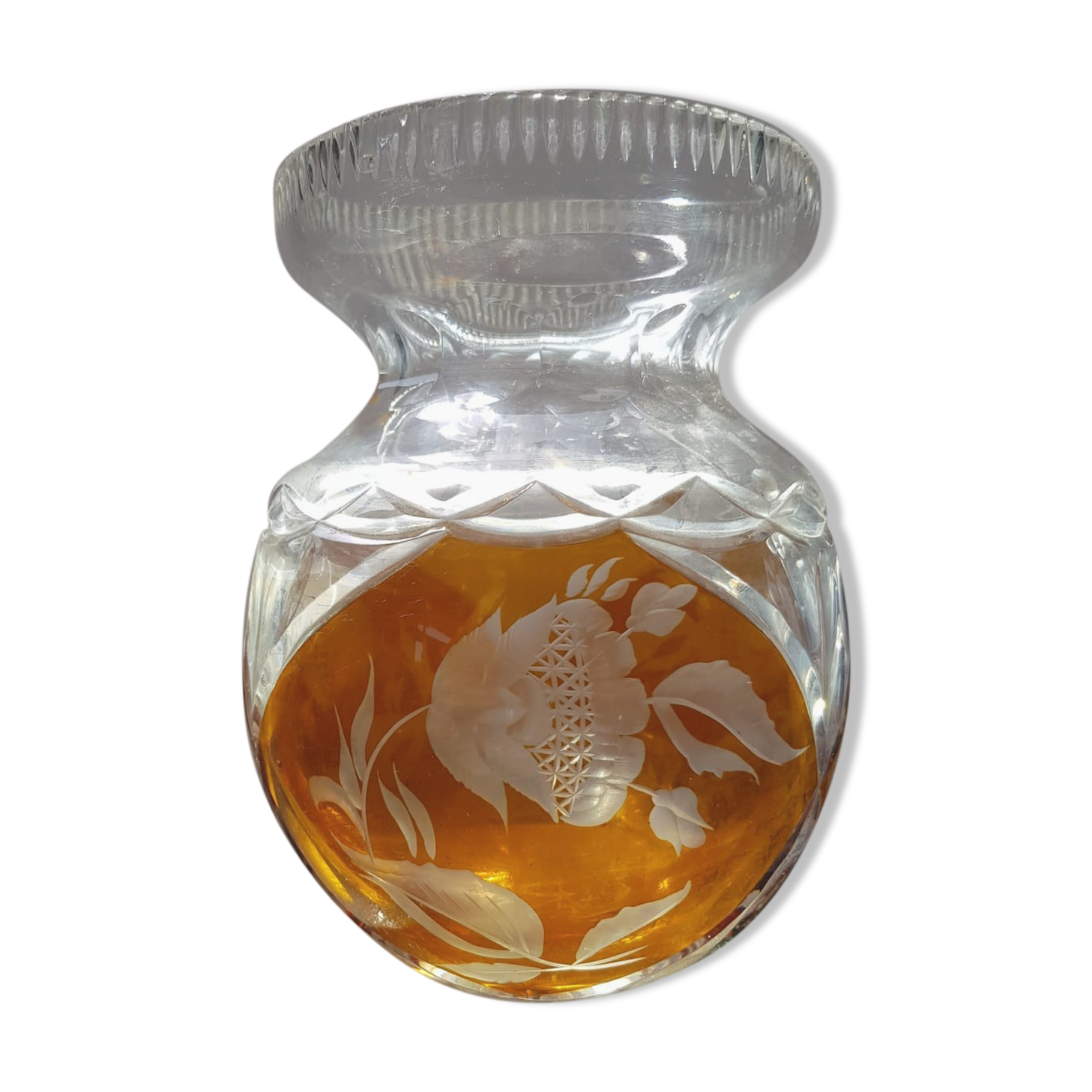 Old Transparent & Orange Cut Crystal Vase Vintage Flower Decor