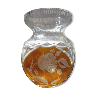 Ancien Vase Cristal Taillé Transparent & Orange Décor Fleurs Vintage