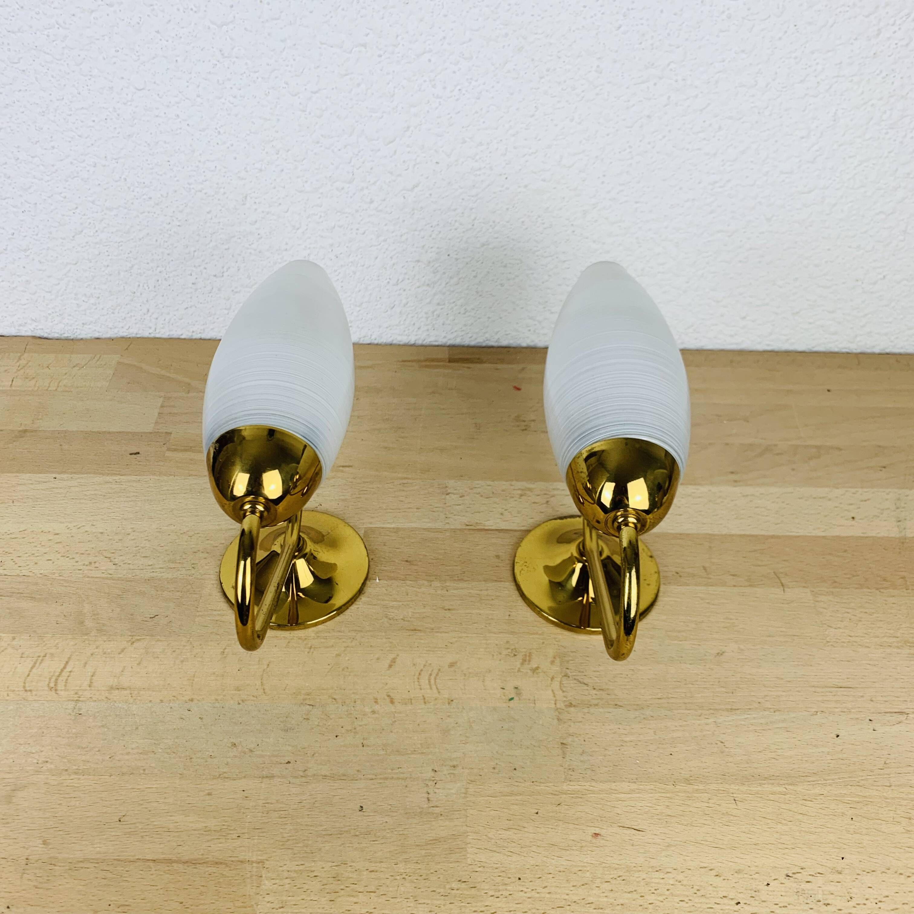 Pair of opaline brass wall lights from the 50s, Arlus, Lunel